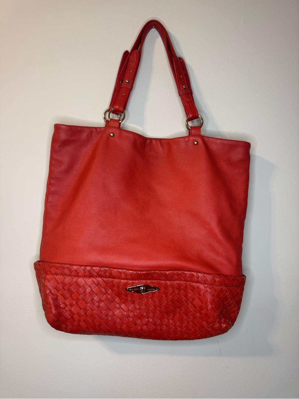 Elliott Lucca Red Woven Trim Leather Tote